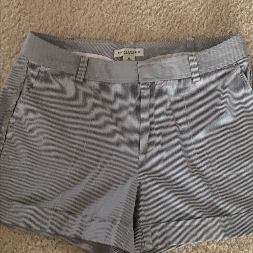Blue and white striped shorts.